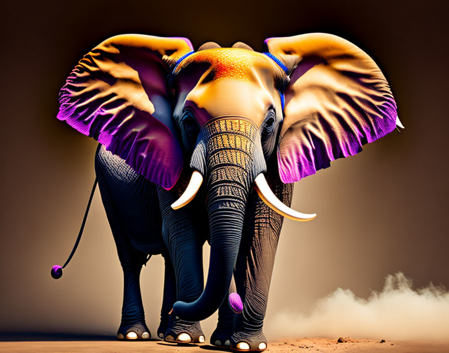 Vibrant Purple and Orange Painted Elephant Against Warm Brown Background