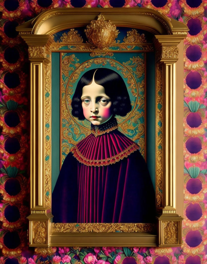 Golden frame portrait of somber child in purple with peacock background