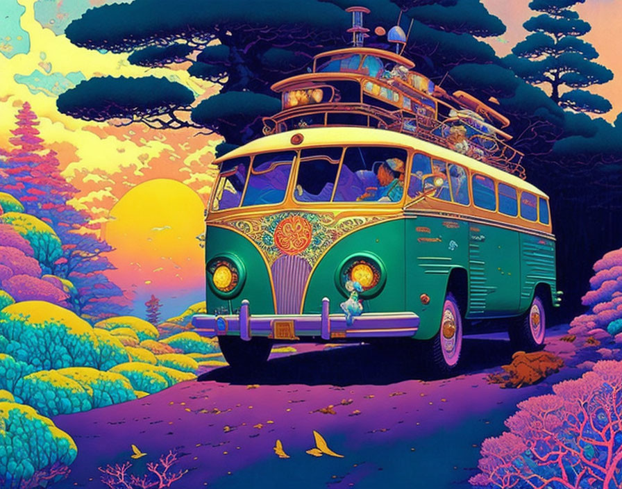 Colorful Psychedelic Vintage Bus in Fantastical Forest Sunset Sky