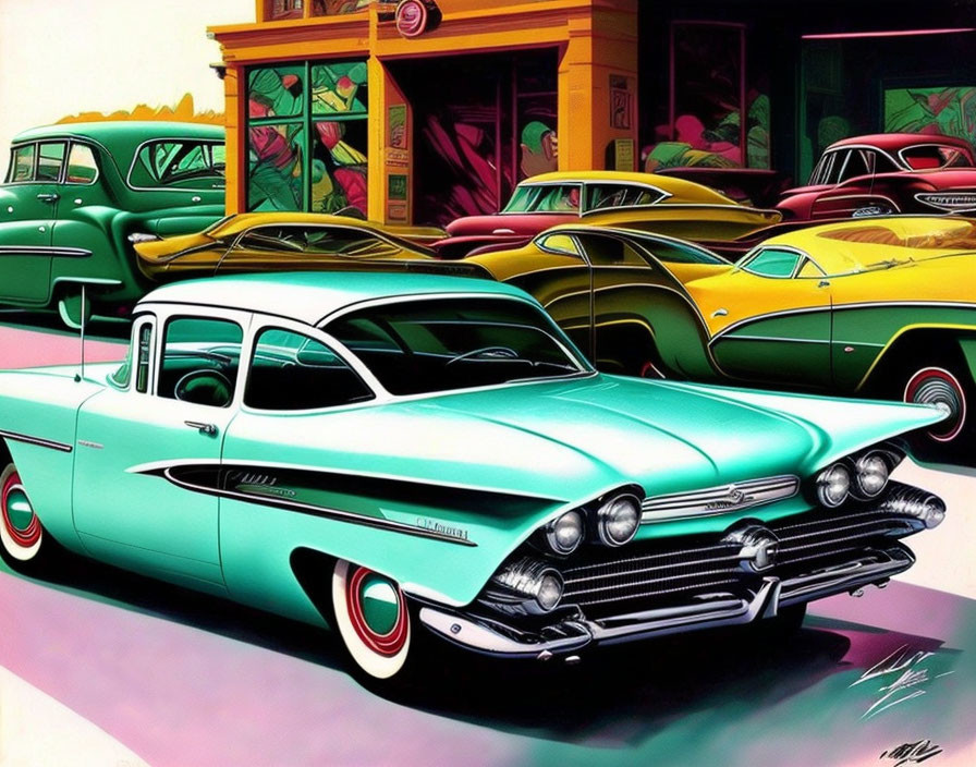 Vintage Cars and Retro Diner with Neon Signs: 1950s Americana Nostalgia