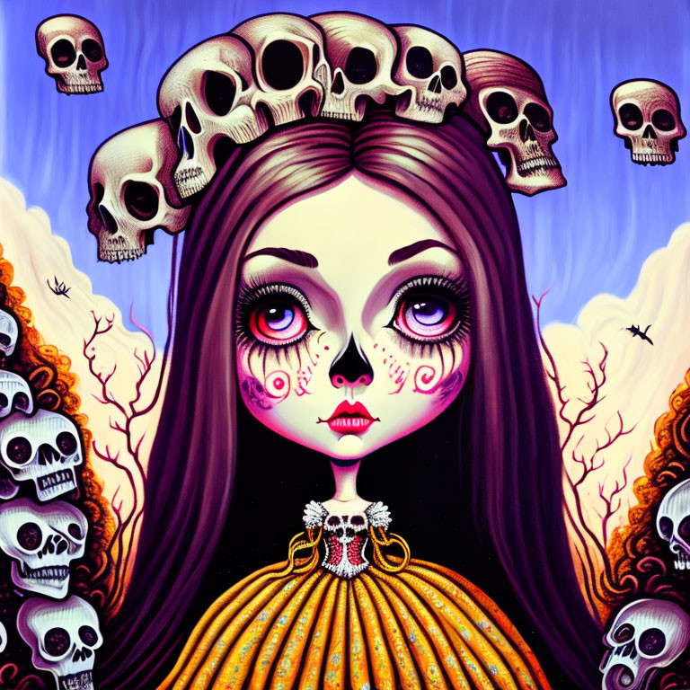 Stylized illustration of girl with large eyes and skull makeup surrounded by eerie landscape