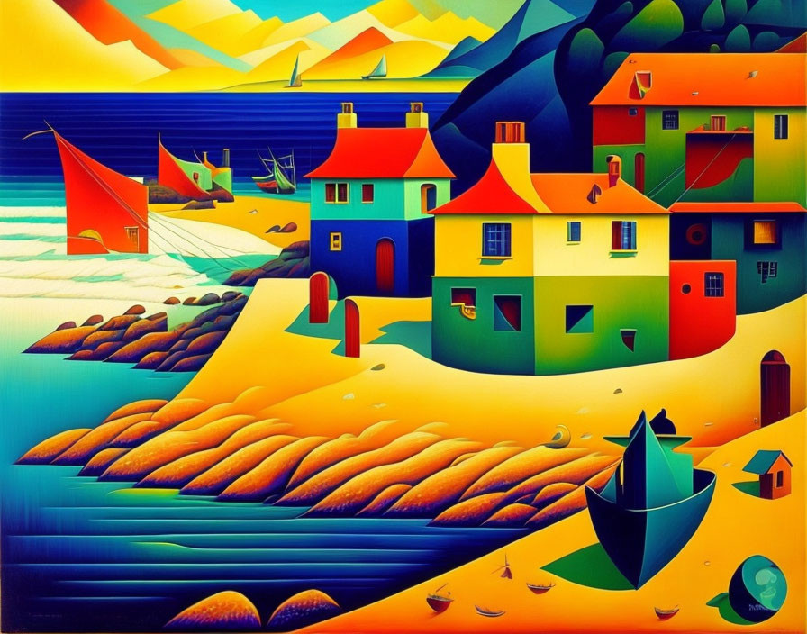 Colorful coastal village painting with geometric hills and sailboats.