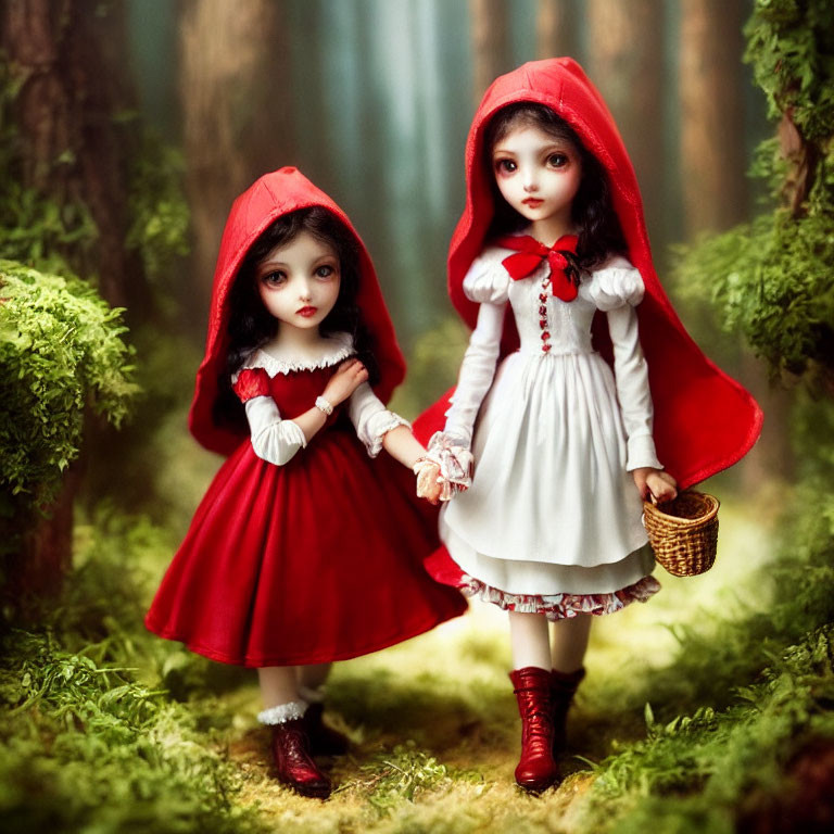 Dolls as Little Red Riding Hood in forest scene with trees and basket