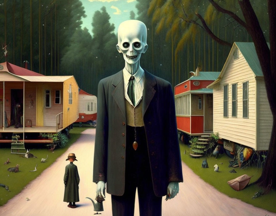 Surreal artwork of skeleton figure in suit with woman and animals in woodland.