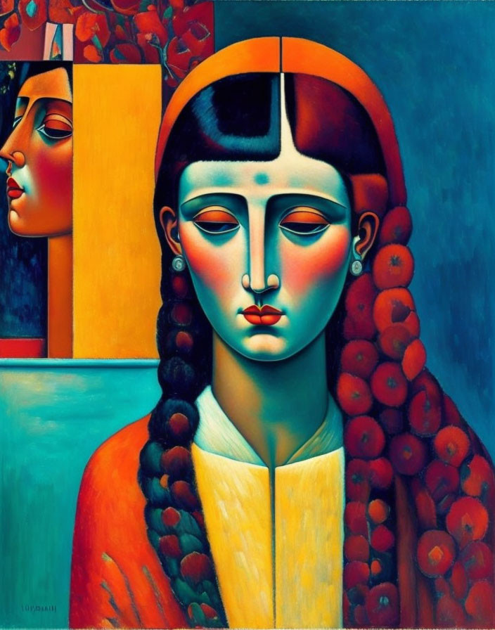 Abstract painting of woman with braided hair and orange garment against surreal backdrop.