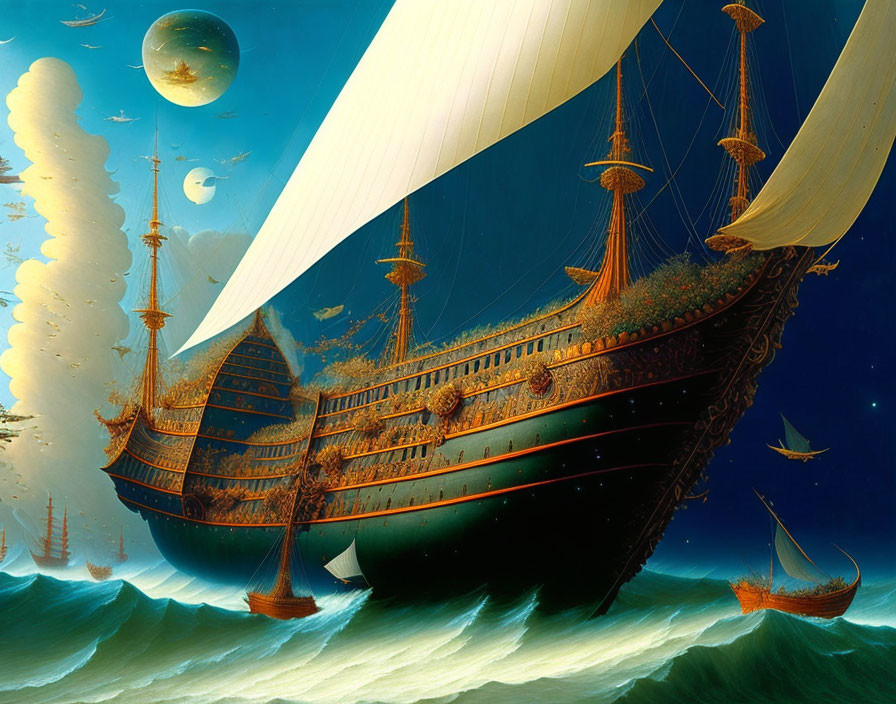 Fantastical ship with large sails on choppy ocean waves under multiple moons and stars