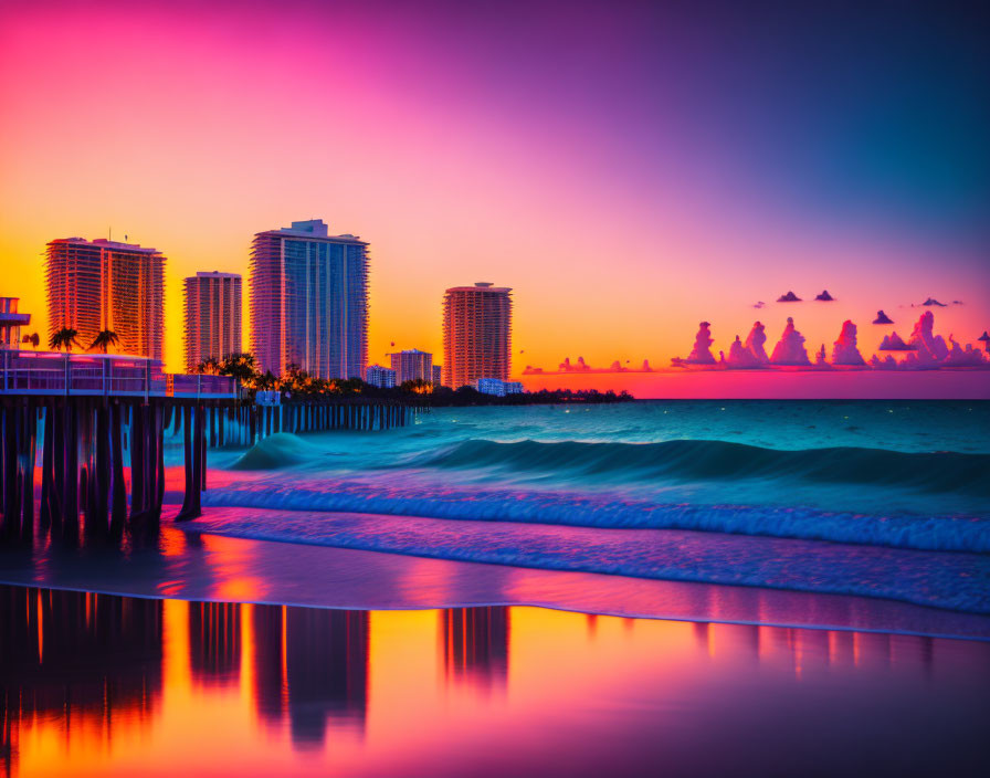 Colorful sunset over beach with silhouetted high-rise buildings and gradient sky.