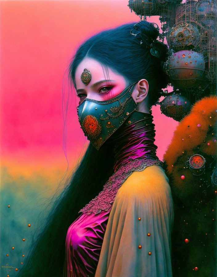 Woman in decorated mask and vibrant attire against surreal, colorful backdrop