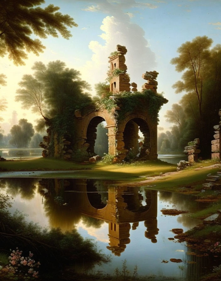 Tranquil landscape with ivy-covered archway, pond, trees, and warm light