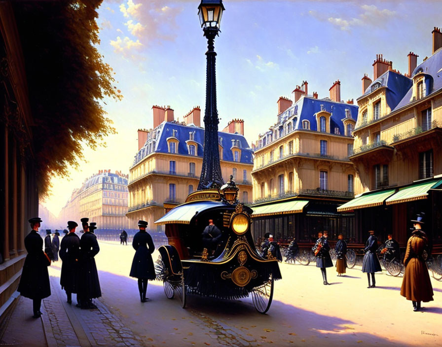 Elegant Parisian street scene with ornate carriage and classic architecture