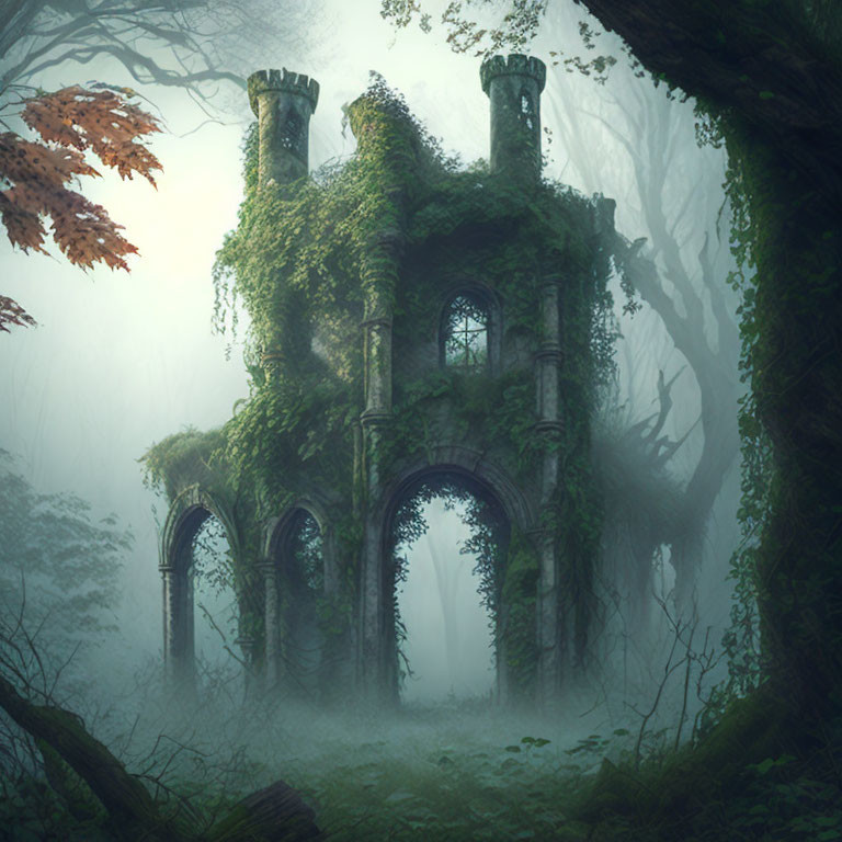 Ivy-covered ruin with twin turrets in misty forest