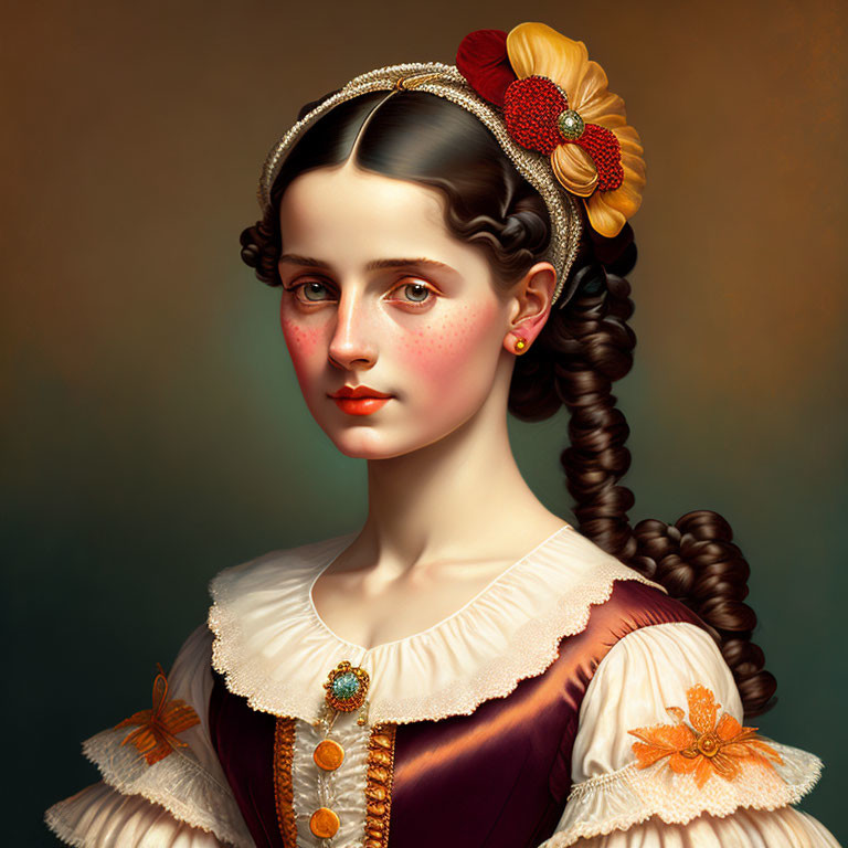 Digital portrait of woman with braided hair, headband, orange flower, vintage dress.