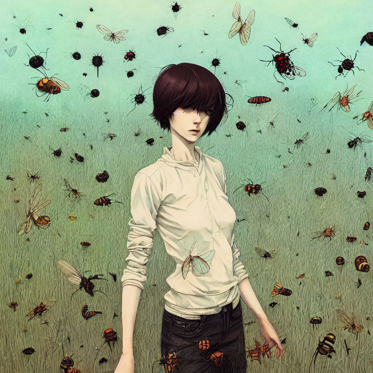 Bob Haircut Person in Surreal Field with Flying Insects