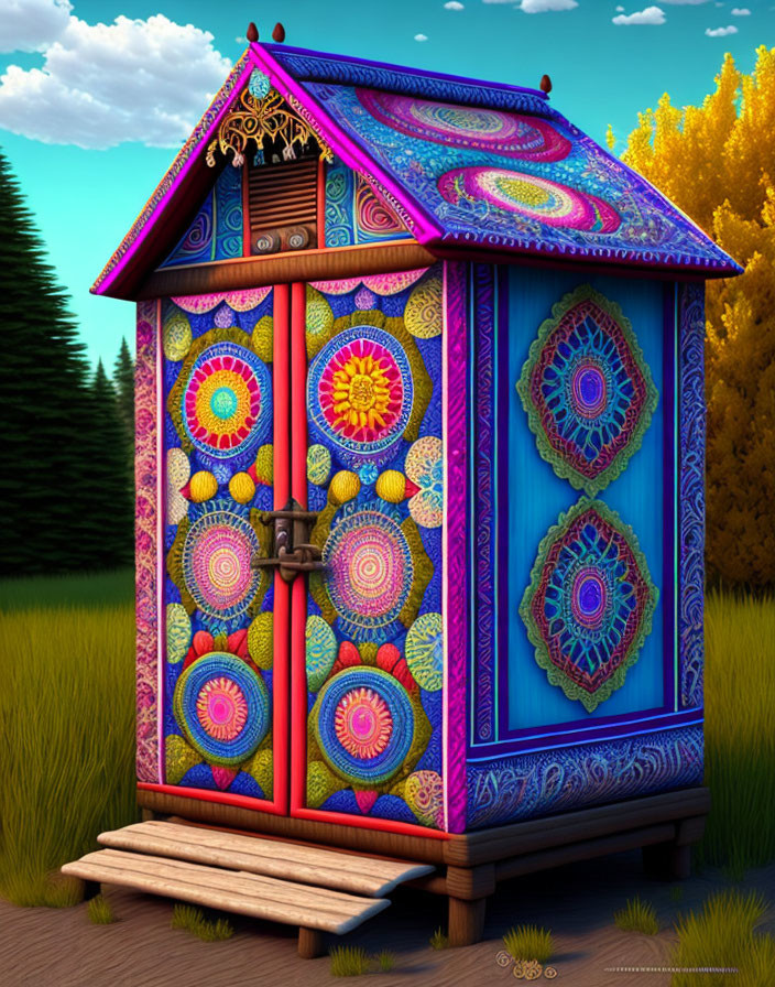 Colorful outdoor structure with mandala patterns and tiled roof under blue skies.