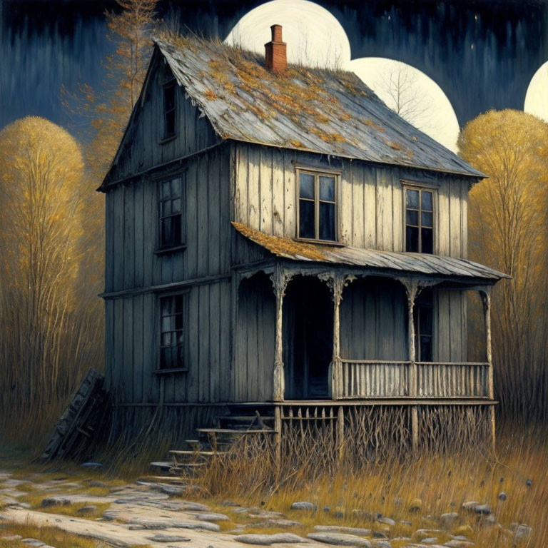 Spooky two-story house with worn porch and bare trees at twilight