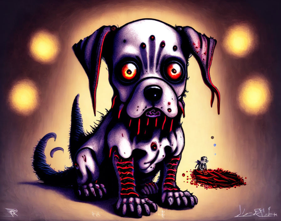 Spooky cartoon: Red-eyed dog, blood drool, eerie glow, small figure.