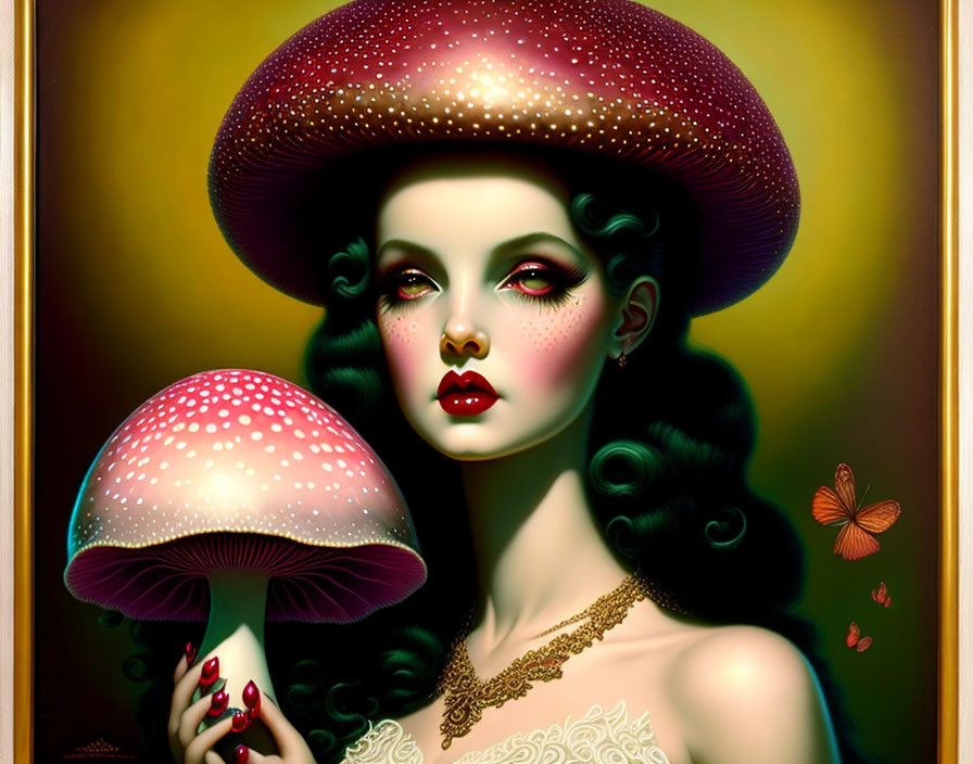 Colorful portrait of woman with mushroom features and butterflies