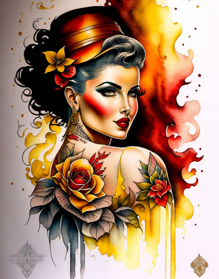 Stylized illustration of woman with top hat, fiery background, red lipstick, flower, rose tattoo