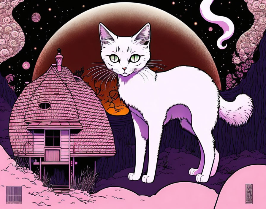 Fantasy landscape with giant white cat and purple sky