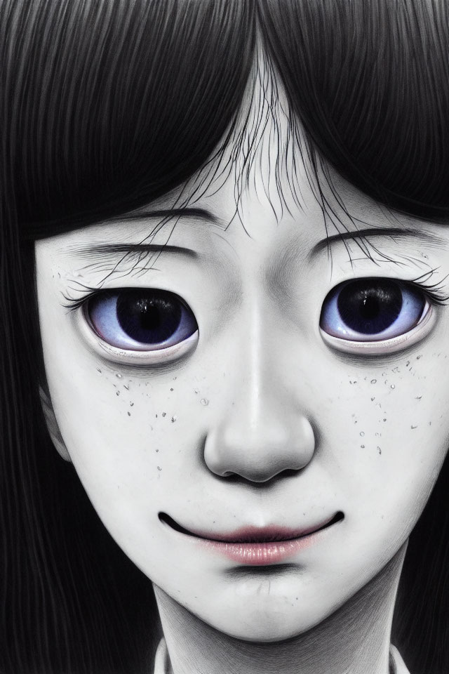 Monochrome drawing of girl with large purple eyes and freckles