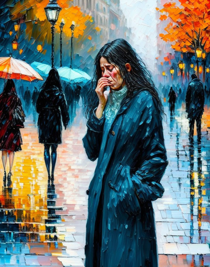 Woman standing in rain wiping tear, colorful umbrellas & autumn trees in background