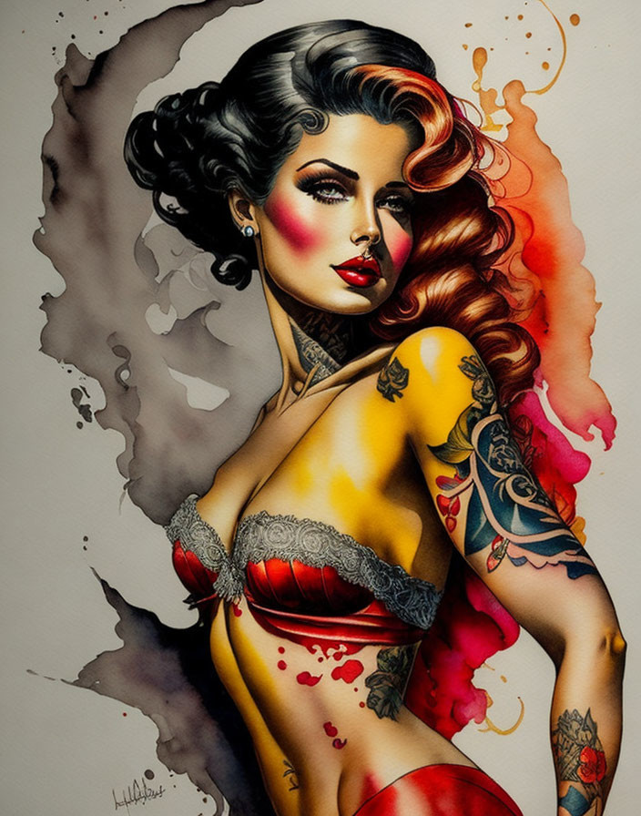 Vibrant woman with tattoos in watercolor style