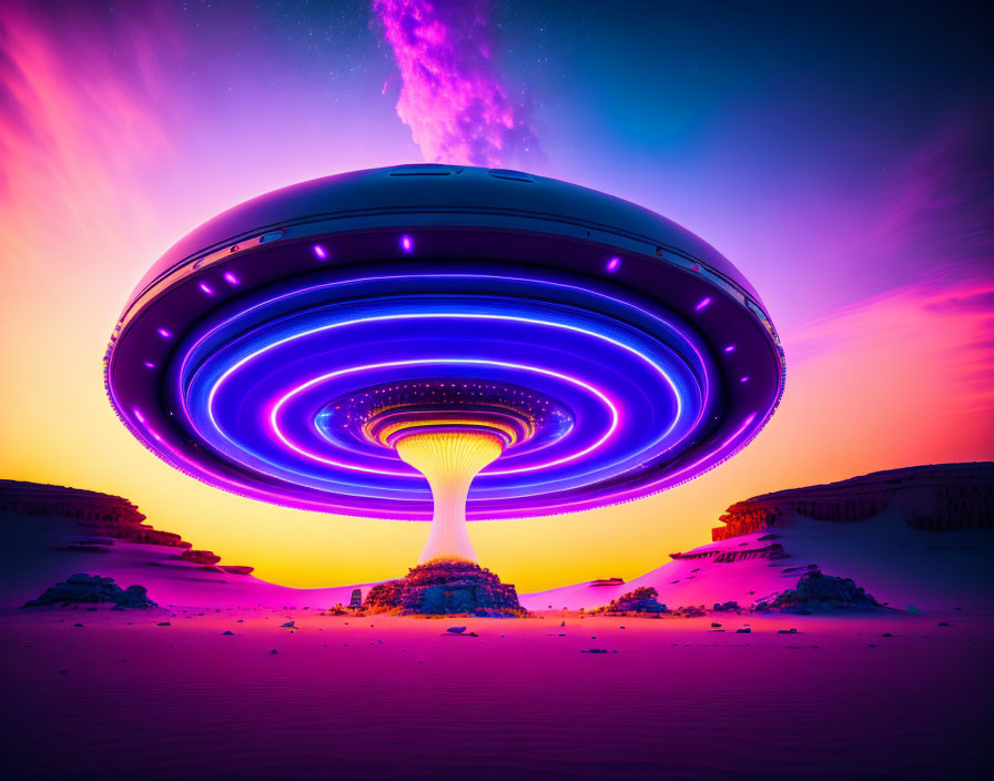 Colorful UFO hovers over desert landscape at dusk or dawn