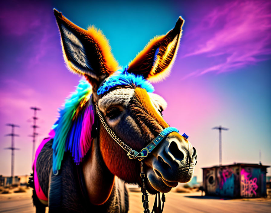 Colorfully adorned donkey with bright mane standing on road with graffiti background