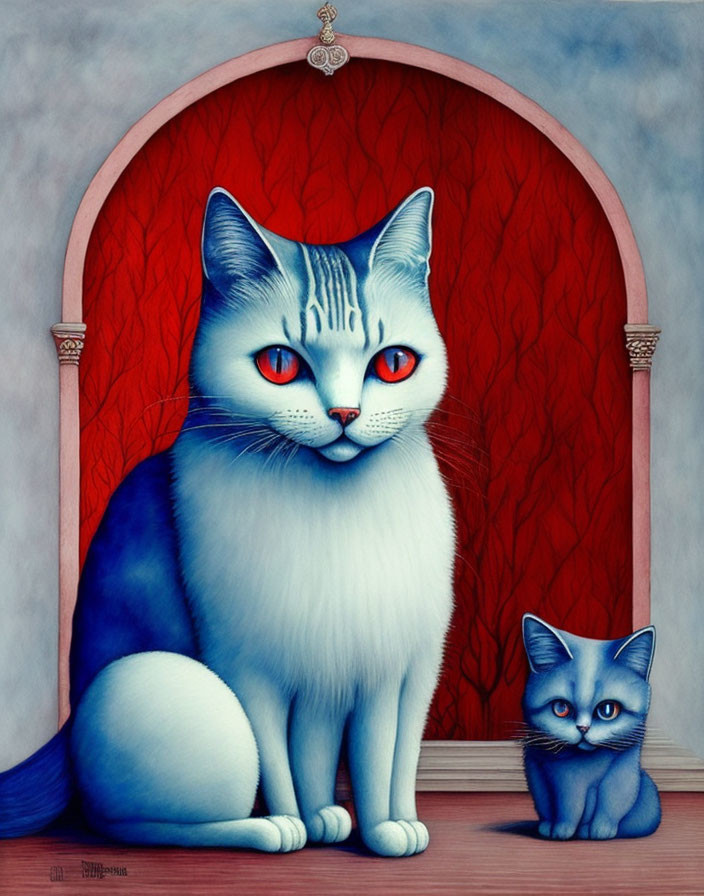 Surreal illustration: Two blue cats with red eyes in room with arched doorway