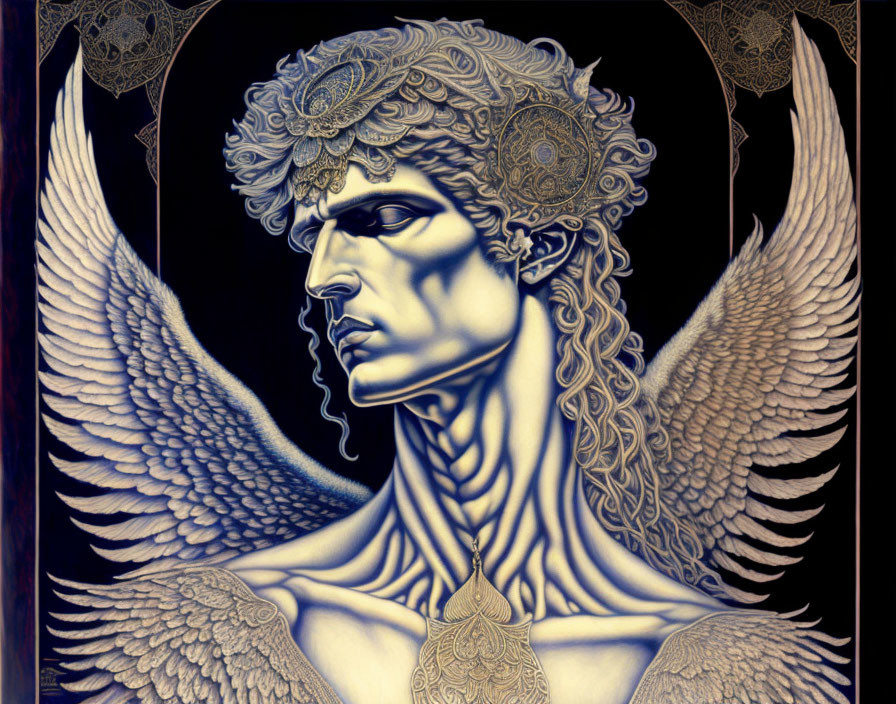 Male figure with angelic wings and ornate headdress on dark background