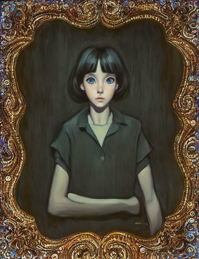 Portrait of a girl with big dark eyes and short black hair in a green shirt