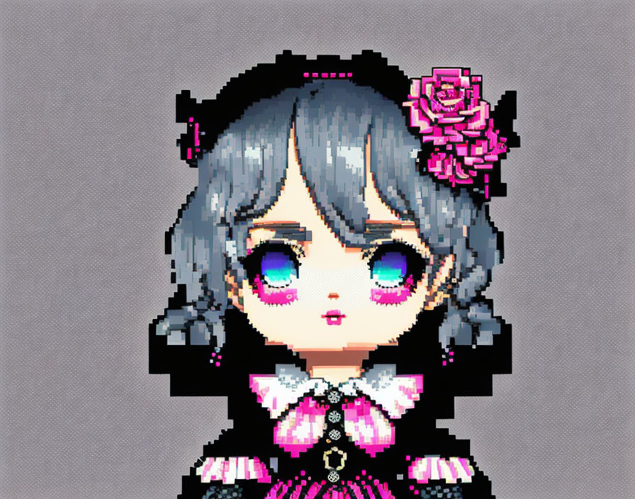 Character with large purple eyes, grey hair, roses, black and pink Victorian outfit