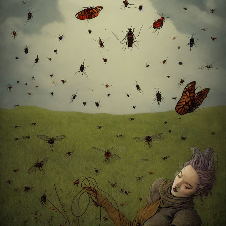 Person with closed eyes surrounded by whimsical insects in green landscape