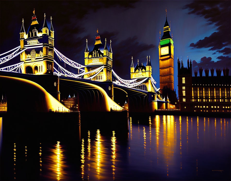 Nighttime painting of London: Tower Bridge, Big Ben, River Thames reflections