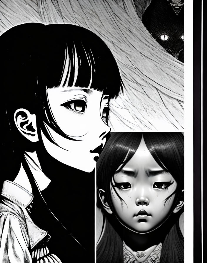 Detailed black and white manga-style image of two girls with expressive faces and a mysterious figure with glowing eyes