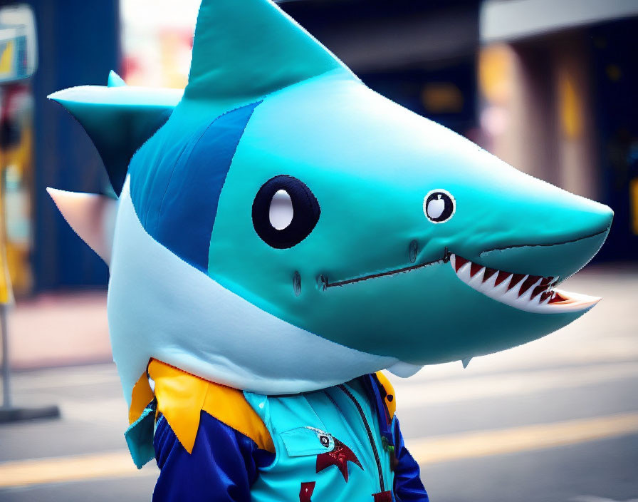 Cartoonish shark mascot costume with big head and sharp teeth