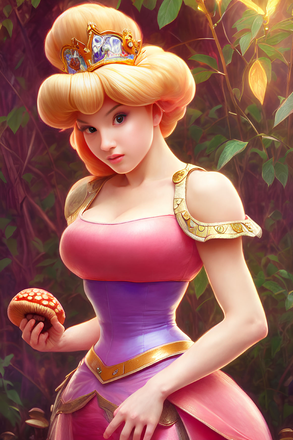 Stylized Princess Peach illustration with red mushroom, crown, and foliage.