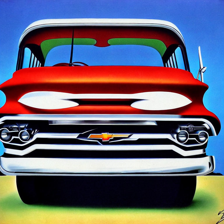 Stylized classic red and white Chevrolet on blue sky background