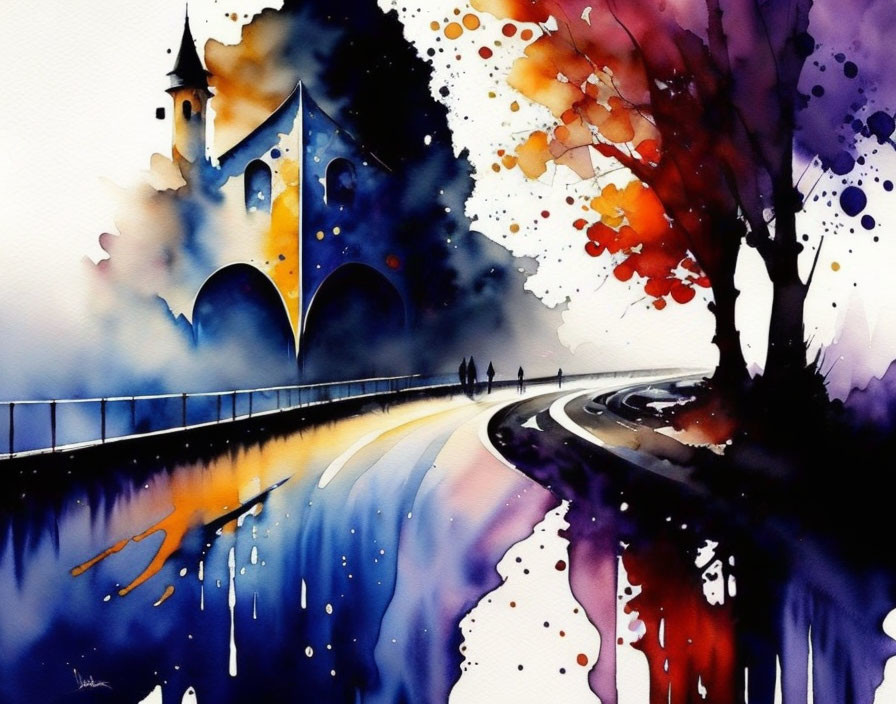 Colorful Watercolor Painting of Castle, Bridge, and Figures