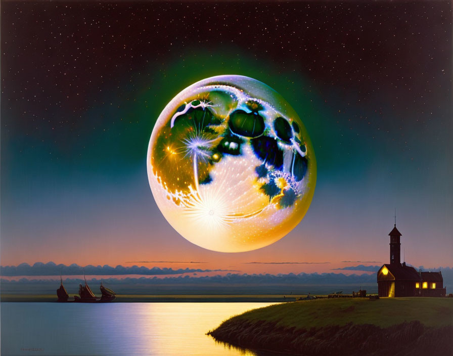 Surreal artwork of glowing orb above seaside with lighthouse