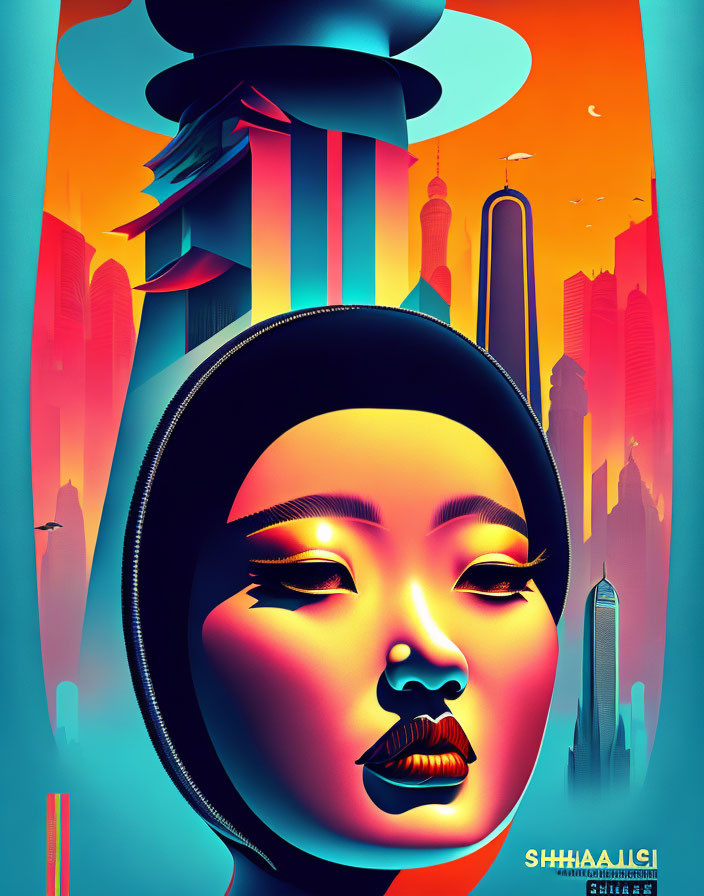 Asian woman's face in stylized illustration with futuristic cityscape background. Blue and orange hues.