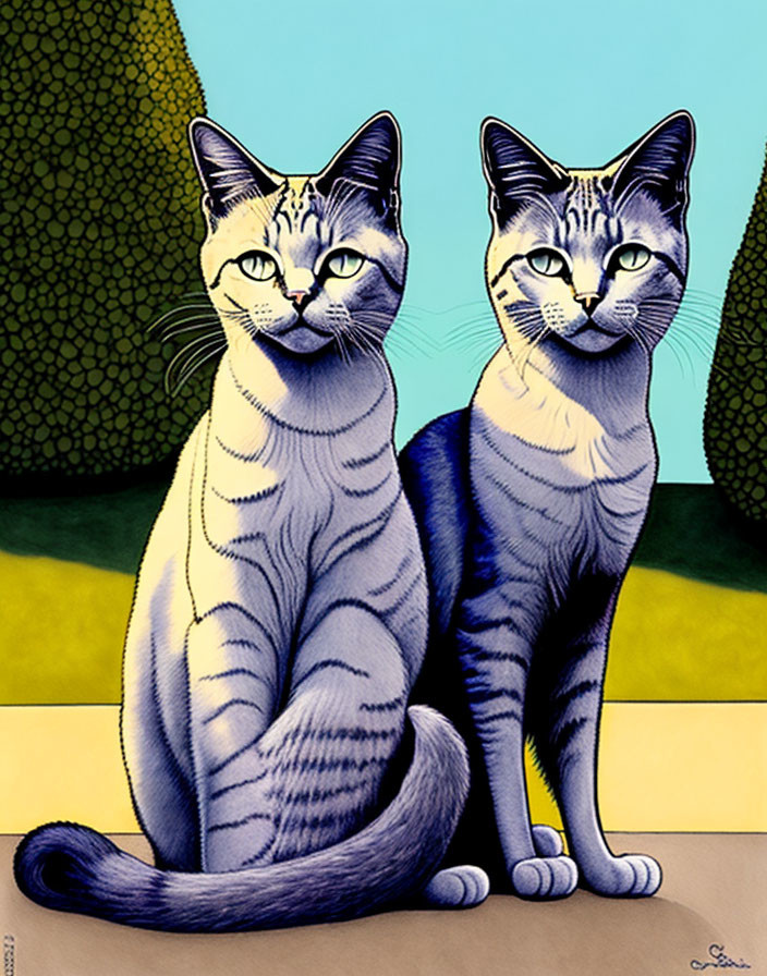 Stylized cats with human-like expressions on geometric background