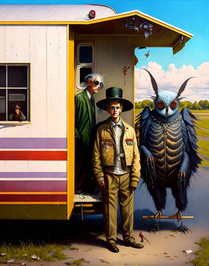 Surreal painting: man in owl hat, skeleton in suit, owl on field by striped trailer