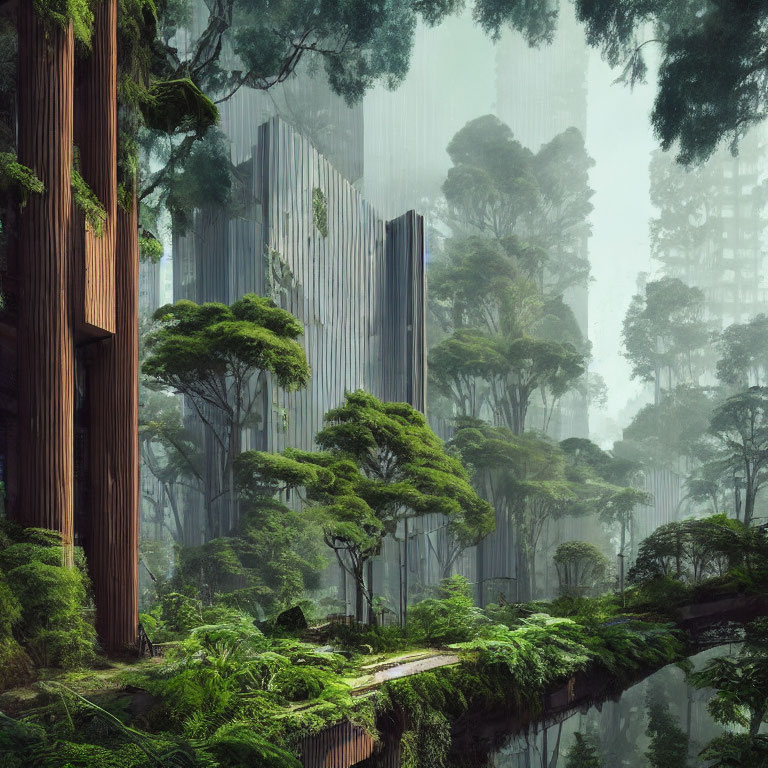 Majestic forest scene with futuristic structures in foggy setting