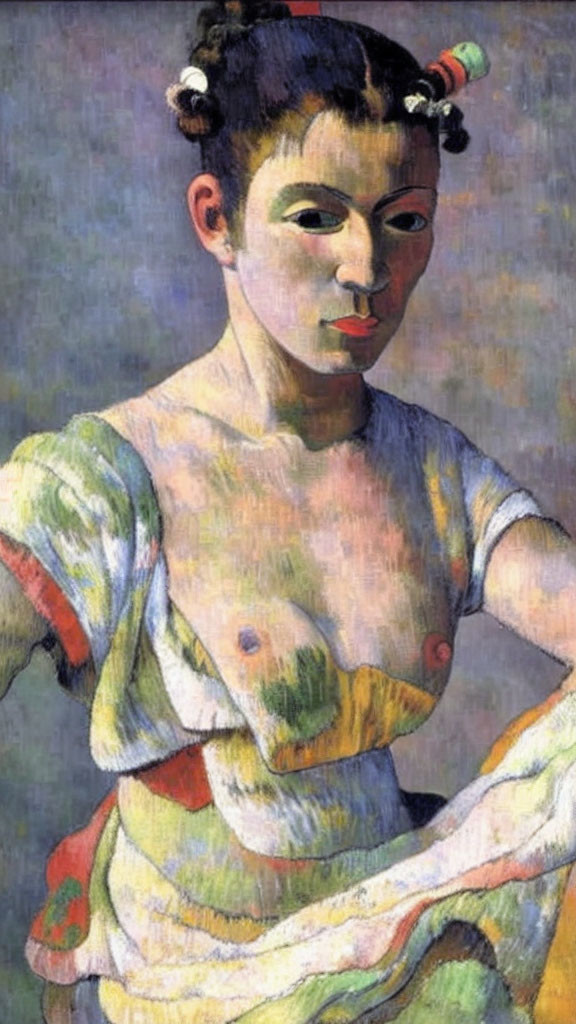 Portrait of Woman in White Blouse with Colorful Accents