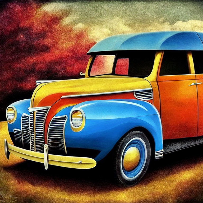 Vintage Van with Yellow and Blue Body in Dramatic Sky