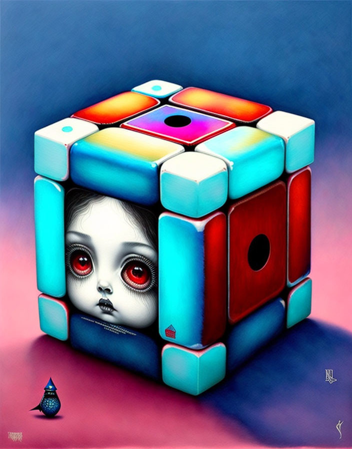 Colorful surreal cube artwork with facial features and red-eyed girl's face on one side against gradient background