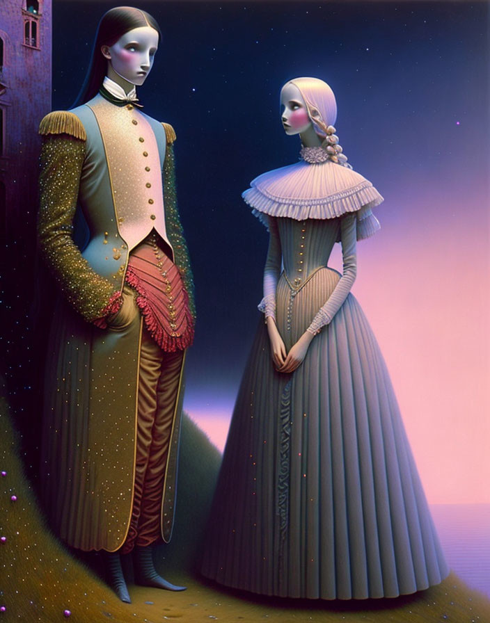 Elegant figures in historical attire under twilight sky