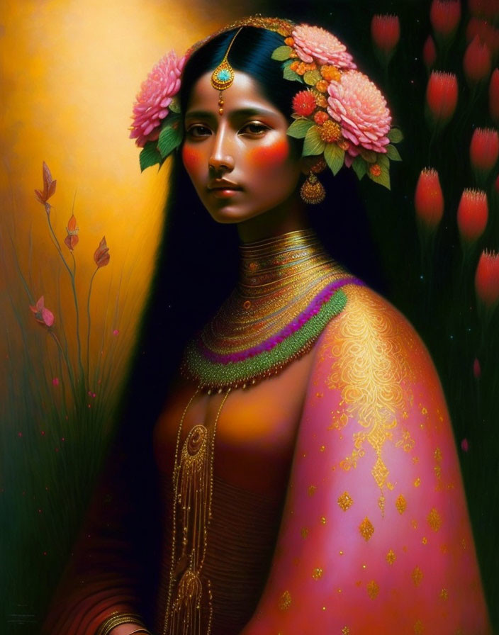 Woman adorned with intricate jewelry and floral headdress in front of luminous tulips.