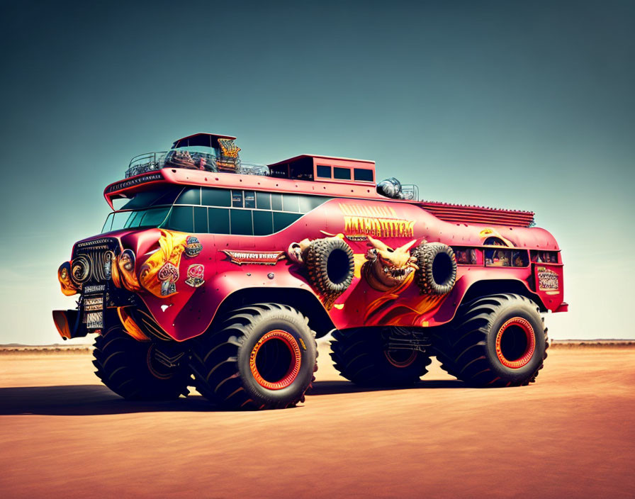 Custom red monster truck bus in desert landscape